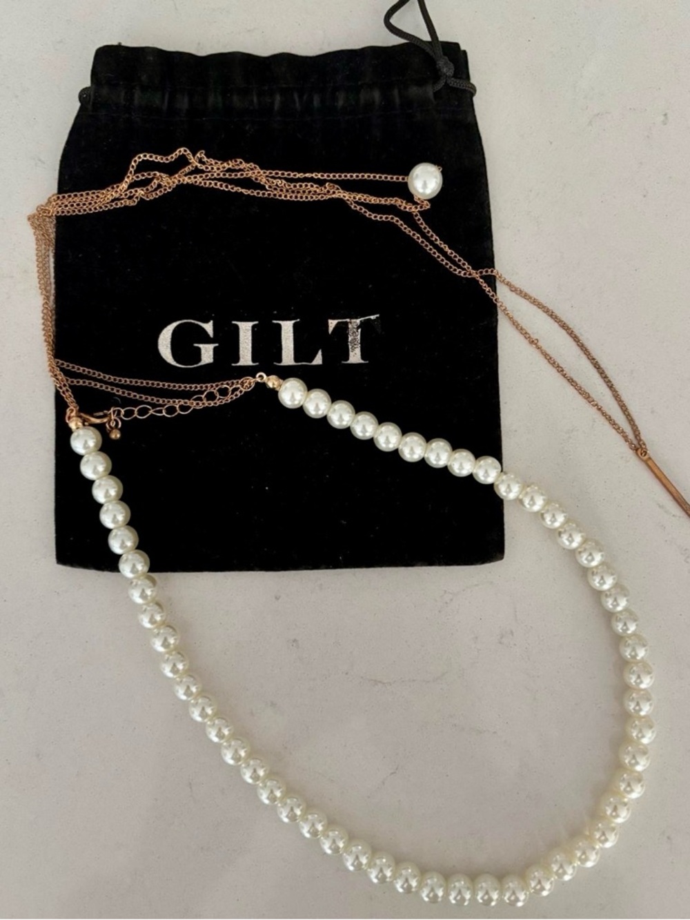 Faux Pearl necklace with long draping chain drop. NEW!